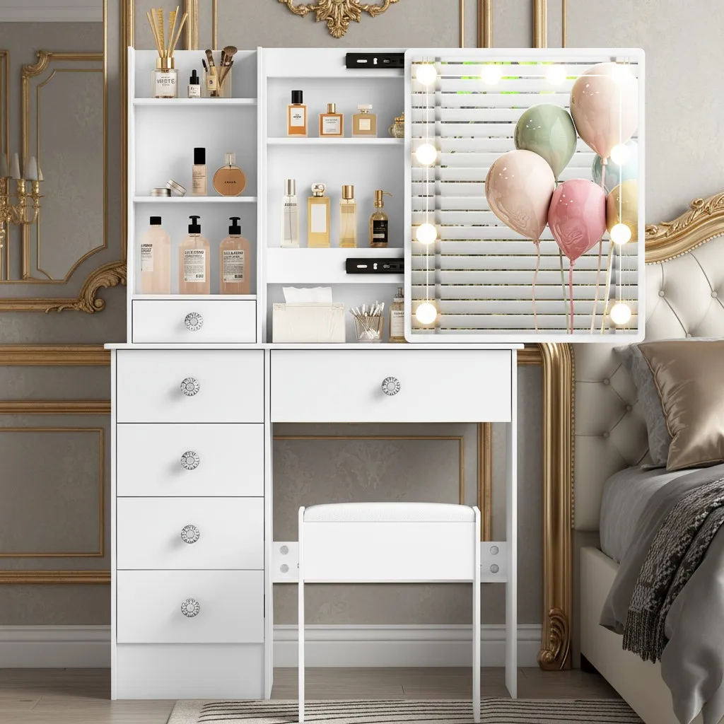 Tocador de maquillaje Juego de mesa de tocador LED con espejo de almacenamiento y taburete para amantes del maquillaje Regalo de Navidad perfecto