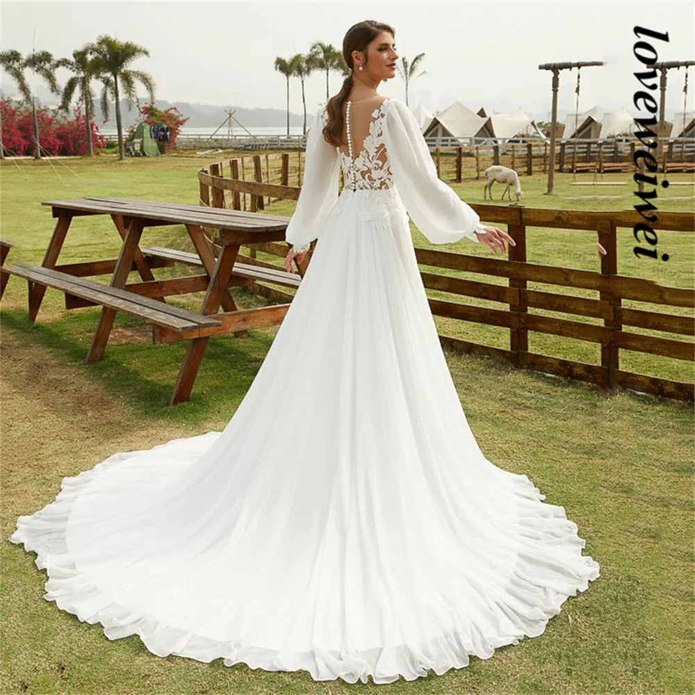 Vestidos De novia De princesa Vintage con cuello en V, apliques De encaje De gasa, mangas largas abullonadas, vestidos De novia con tren De barrido