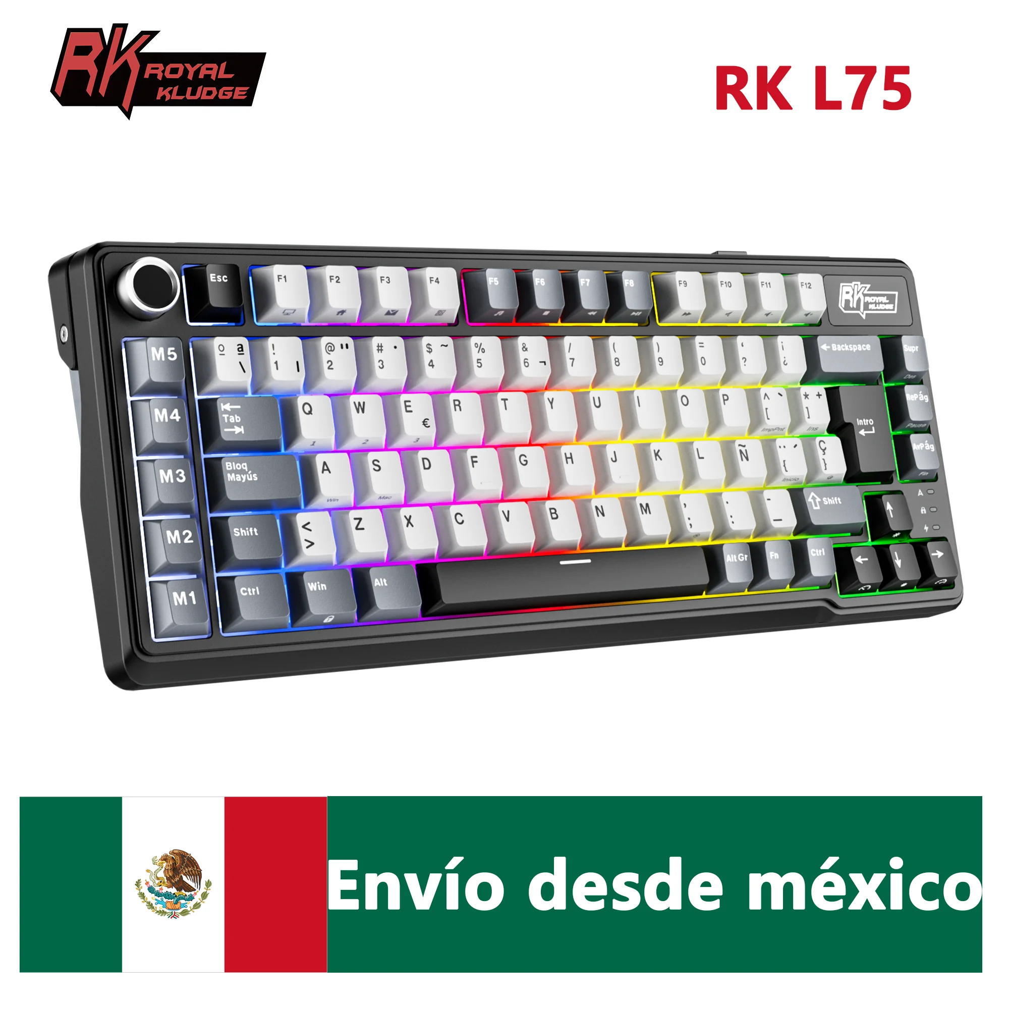 Rk Royal Kludge L75 لوحة المفاتيح الميكانيكية الإسبانية خمسة مفاتيح الوصول المباشر هيكل مشترك Rgb الخلفية لوحة مفاتيح الألعاب اللاسلكية ثلاثي الوضع شحن مجاني إلى المكسيك