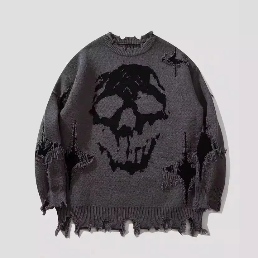 Maglione gotico Hip Hop di Halloween da uomo unisex oversize con stampa scheletro jacquard pullover da uomo grunge maglieria in difficoltà per uomo