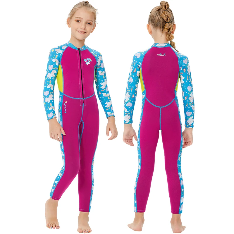 

2.5MM Cute Print Kids Wetsuit Youth Girls Swimsuit Rash Guard One Piece Water Sports Sunsuit Swimwear Diving Suit Long Sleeve