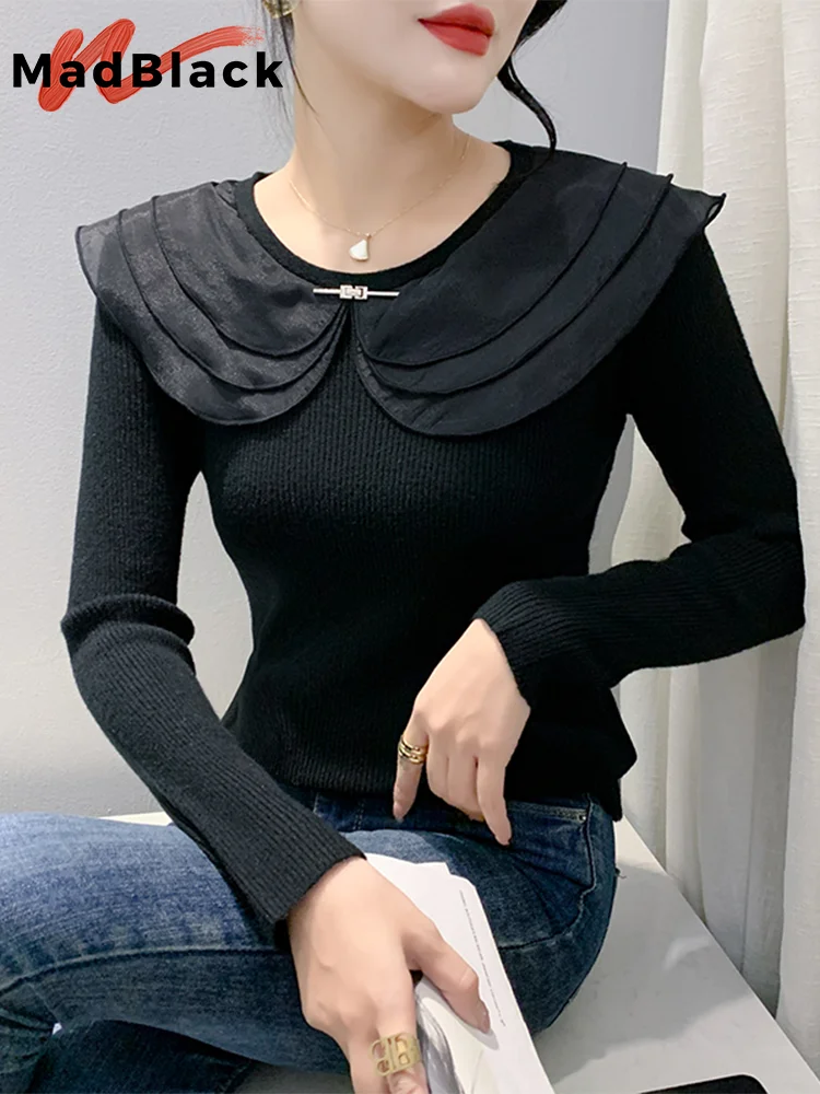 

MadBlack European Clothes Sweater Women Peter Pan Collar Slim Knit Top Long Sleeve Elastic Tshirts New Autumn Spring T38059JM