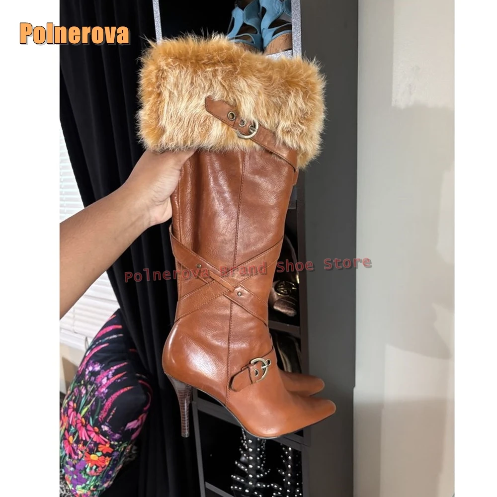 

Модные ботинки из искусственного меха с пряжкой на ремне, женские сапоги до колена с острым носком на шпильке и перекрестной завязкой в стиле ретро, 2026, зимнее новое поступление
