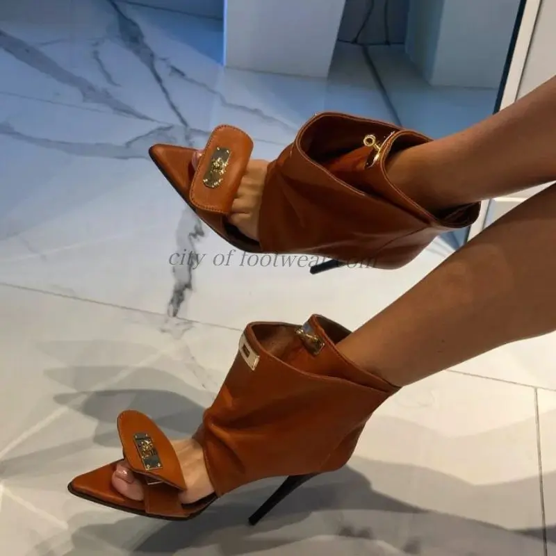 Dames metalen gesp sexy leren sandaal laarsjes bruin/zwart puntige neus hoge hakken zomer enkellaars luxe designer schoenen