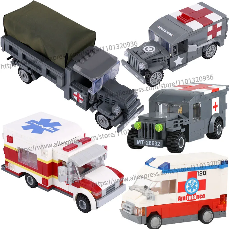 WW2 Ambulance Car Building Blocks Military US German Medical Vehicle Accessories Set MOC Bricks Toys for children Gifts D409