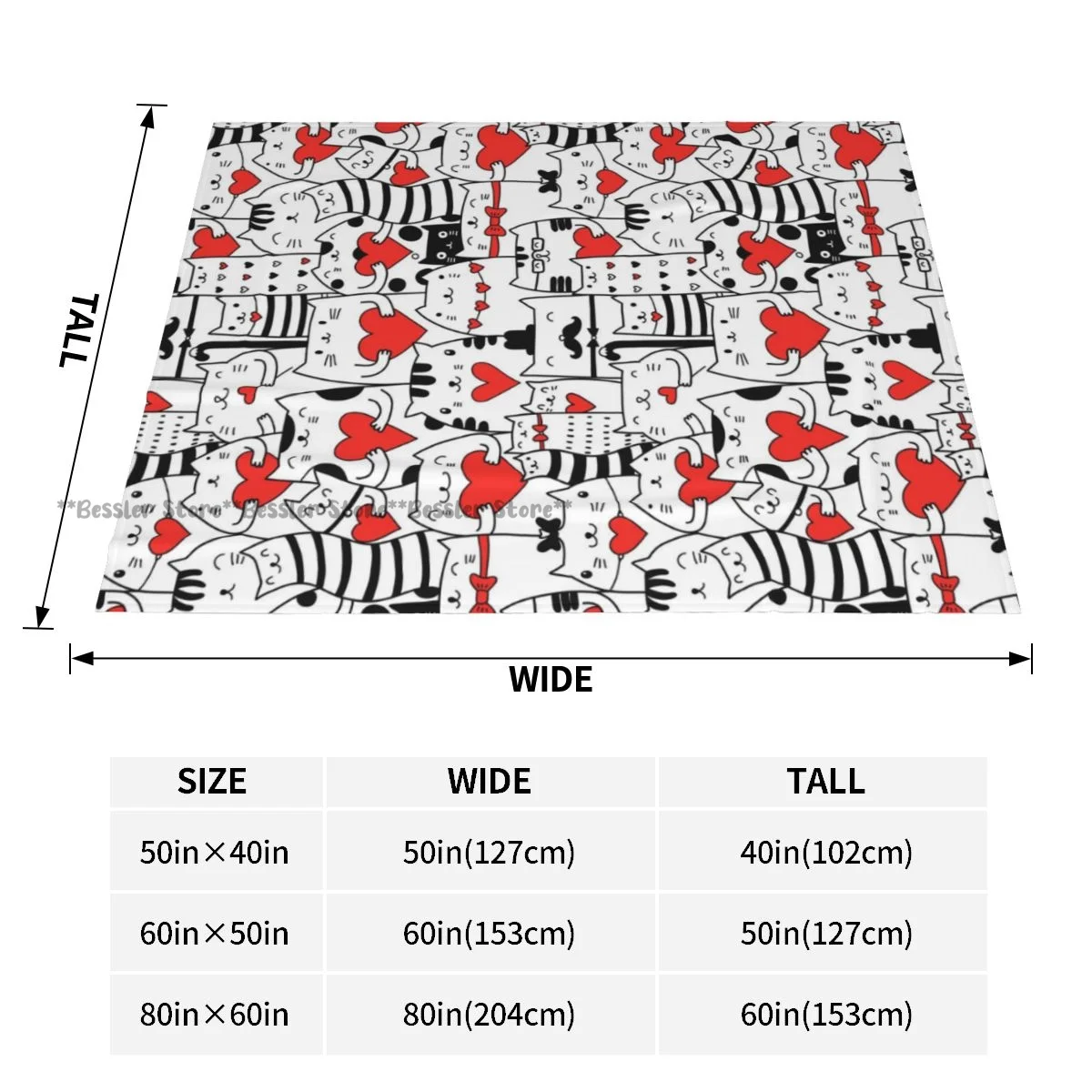 Soft Warm Flannel Blanket Black White Cats Holding Hearts Travel Portable Thin Bed Sofa Blanket