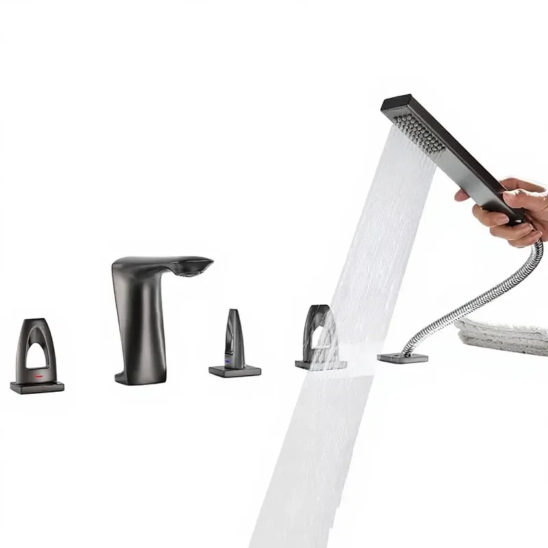 Hotel All-Copper Ceramic Valve Core Split-Type Hot Cold Bathroom Bathtub Faucet with Pull-Out Shower Head Five-Piece Set