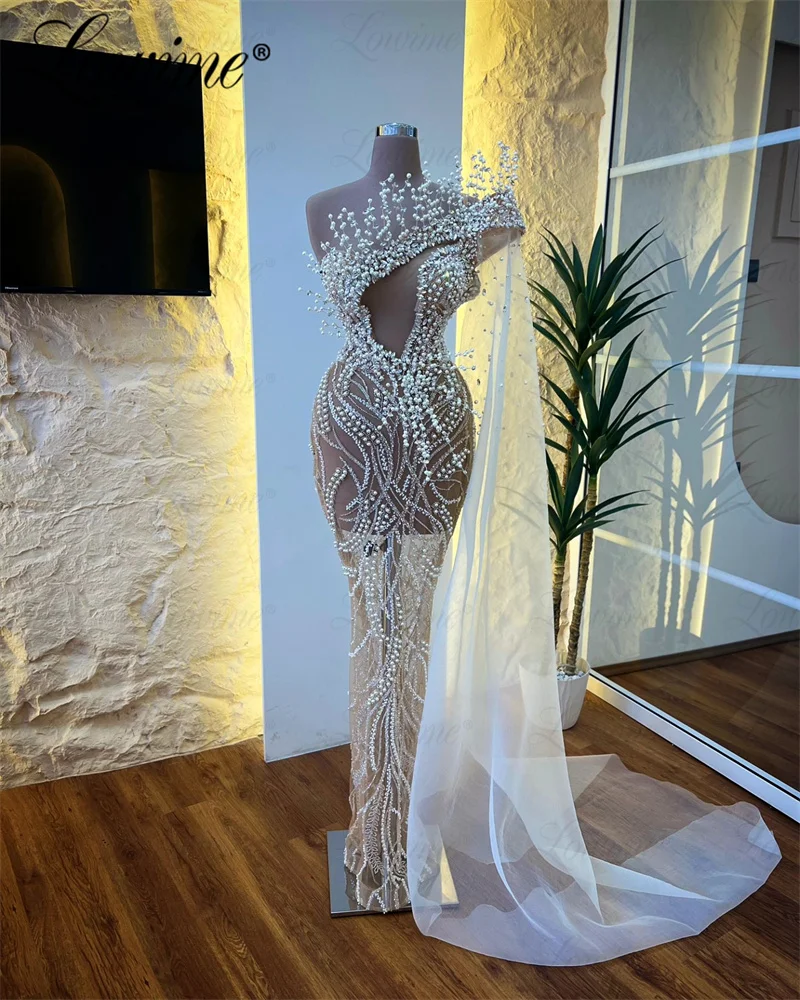 

Arabic Cape Sleeve Champagne Evening Dress Beaded Crystal Mermaid Wedding Party Dress See Through Sexy Prom Gowns Robe De Soiree