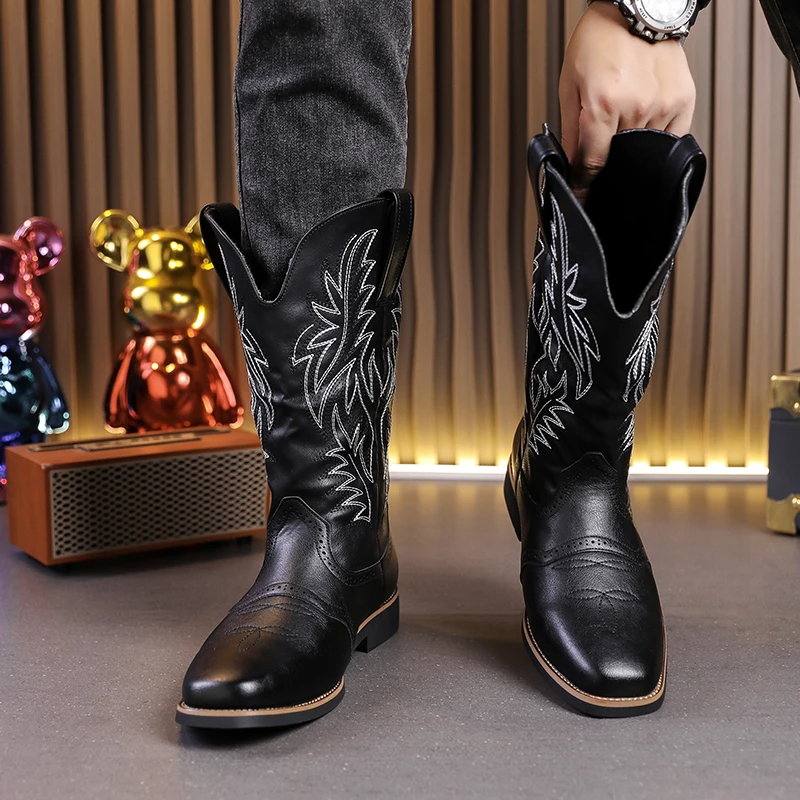 Classic Black Large V-socket Men High Top Knight Boots Fashionable Trend Burned Flower Embroidery Square Toe Men Boots