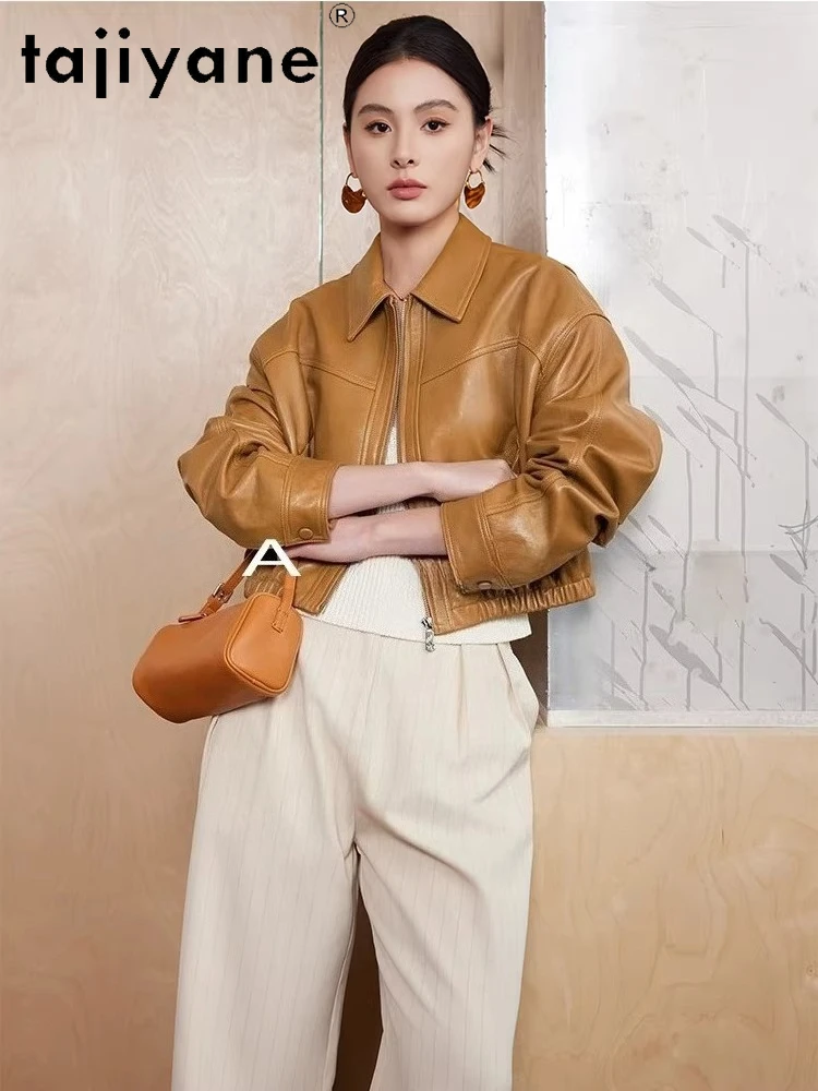 TAJIYANE オイルワックス羊革レザーコート レディース ショート丈 スタイリッシュコート 本革ジャケット 2025年秋 レディース服 дубленка женская（女性用毛皮コート）