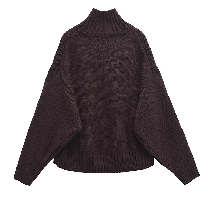 Elegant Plain Knitted Turtleneck Sweater Dark Brown Casual Long Sleeves Loose Pullover Knitwear Lady Fashion Clothing Streetwear