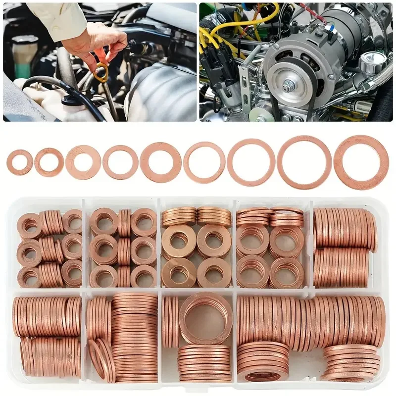 

400pcs Copper Washer O Ring Gasket Set Sealing Solid Gasket Washer Flat Ring Seal Assortment Kit For Sump Plugs