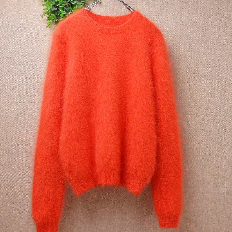 04 Ladies Women Fall Winter Clothing Hairy Soft Angora Rabbit Hair Hand Knitted O-Neck Slim Blouses Pullover Jumper Sweater Pull