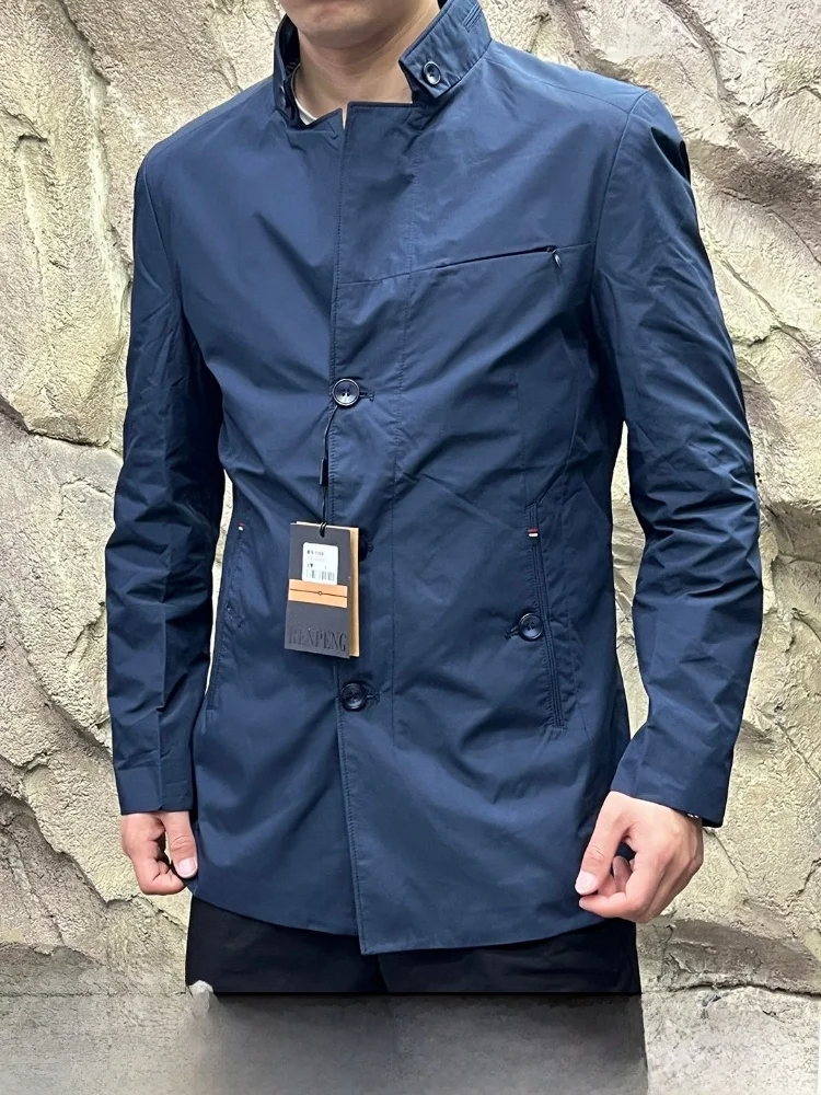 

Men's Casual Long Coat Spring Season Polyester Fiber Standard Fit Windproof Pure Color Stand Collar Jacket Trendy Style