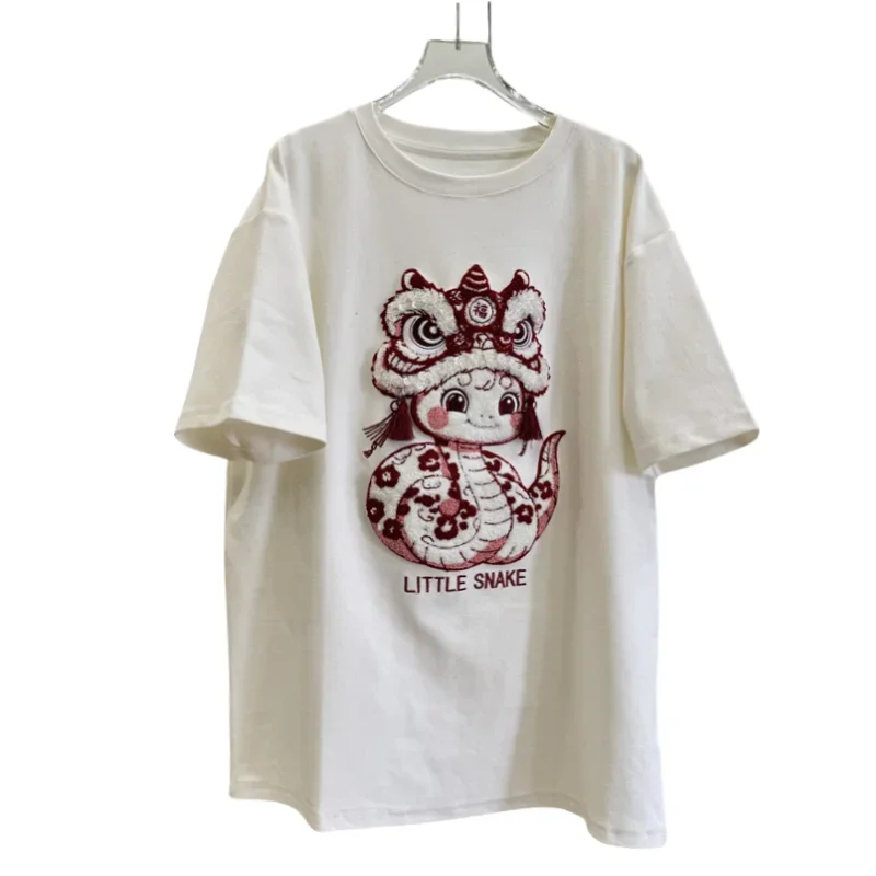 

Fall Winter Thickened White T-Shirt Women 2026 New Heavy Industry Embroidery Beaded Snake Mid Length Round Neck Top
