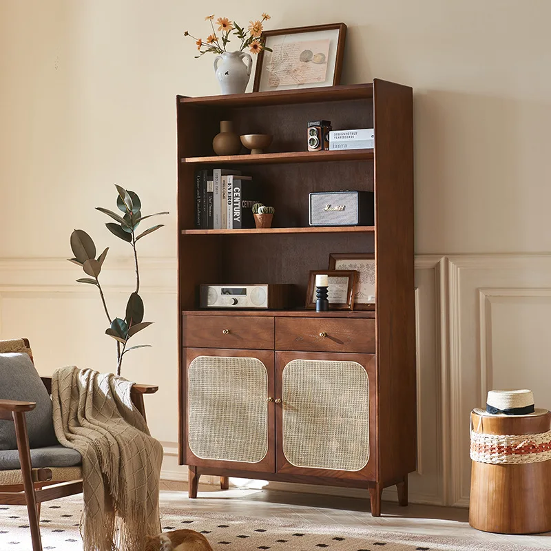 

Nordic solid wood bookcase small household floor rattan display cabinet Japanese retro locker wall shelf