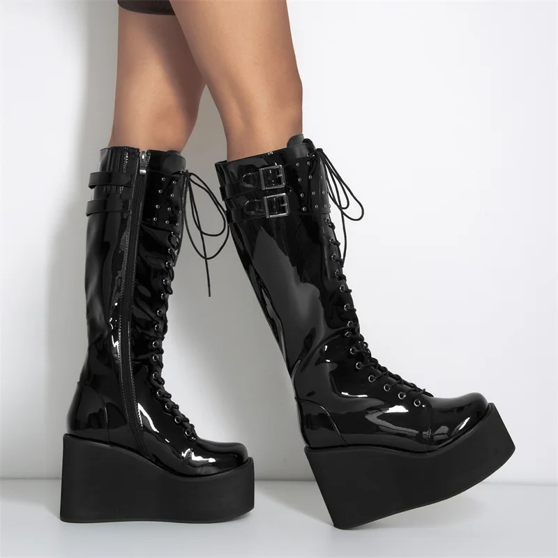 Onlymaker Women Lace-Up Knee High Wedge Boots Round Toe Black Patent Leather Buckle High Heels Zipper Big Size Punk Boots