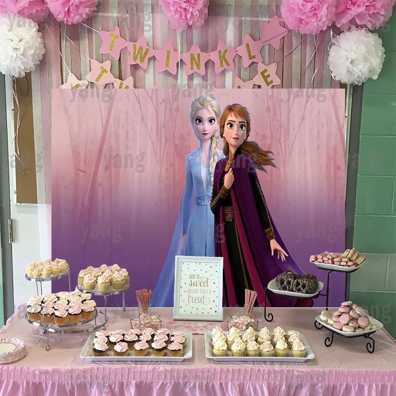 Fondo de fotografía personalizado de dibujos animados de Disney, telón de fondo de princesa Frozen, Elsa, Anna, fiesta de cumpleaños, bosque de hielo púrpura, decoración