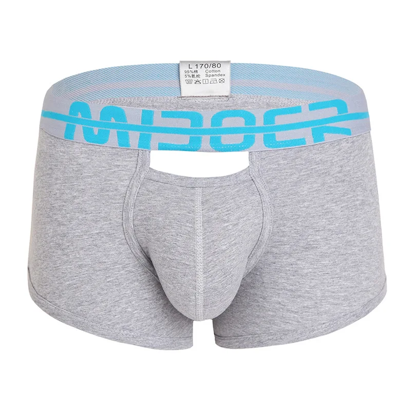 Men Boxers Open Butt Lingerie Hollow Summer Cotton Underwear Low Waist Contrasting Color Sexy Underpants U Convex Pouch Trunks