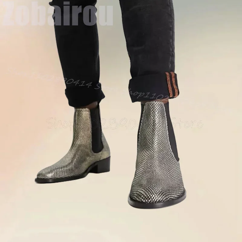 Silver Lychee Print Pointed Toe Ankle Boots Fashion Slip On Men Boots Luxurious Handmade Party Banquet Office Men Dress Shoes