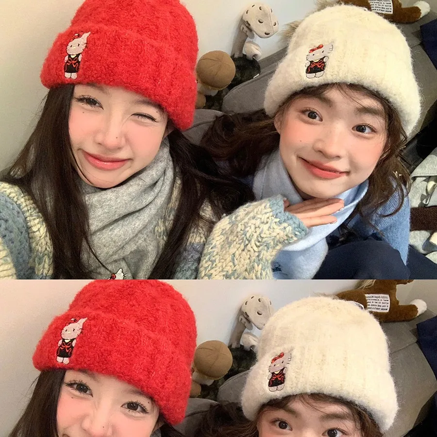 Sanrio Hello Kitty Cute Cartoon Knitted Hat Kawaii Kt Cat Periphery Lovely Keep Warm Adorkable Sweet Girl Dress Up Holiday Gifts