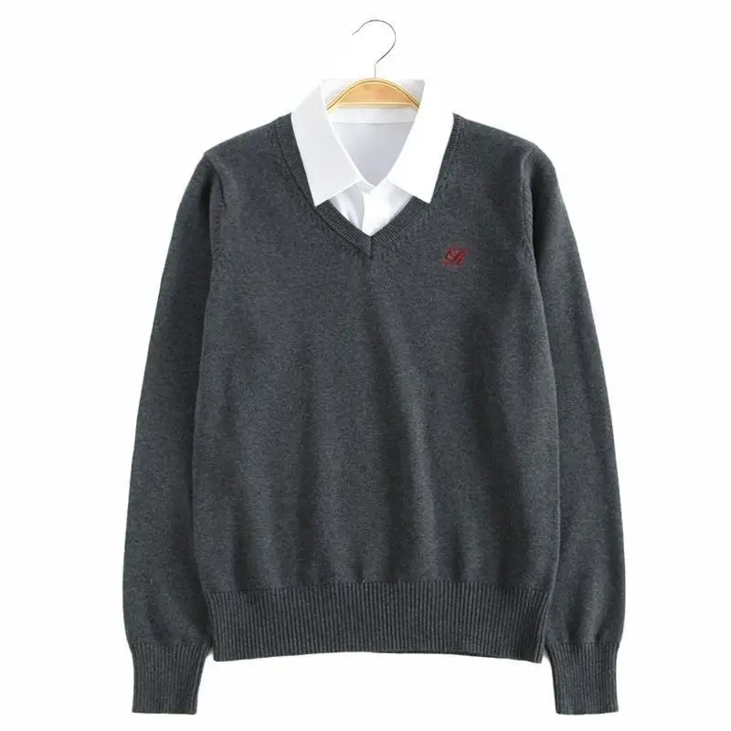 

Original Water Economy Mid-JK Fake Two-Piece Sweater V-Ne Overhead Class orm Embroidered Long Sve Knitted Autumn Win...