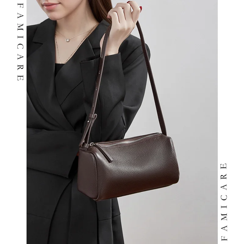 

Timeless Minimalist Lady Solid Color Crossbody Cylinder Bag Chic Genuine Leather Women Shoulder Bags Versatile Classic Handbag