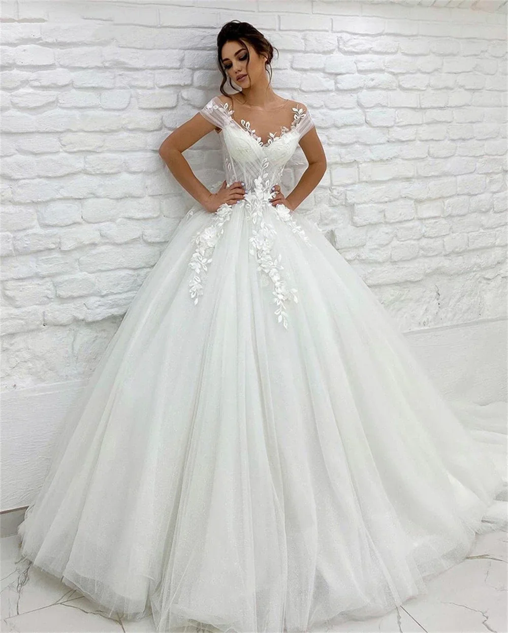 Robe de mariée dos nu à mancherons personnalisés, robes de mariée en tulle A-ligne, appliques en dentelle, nouveaux patients, robe éducative