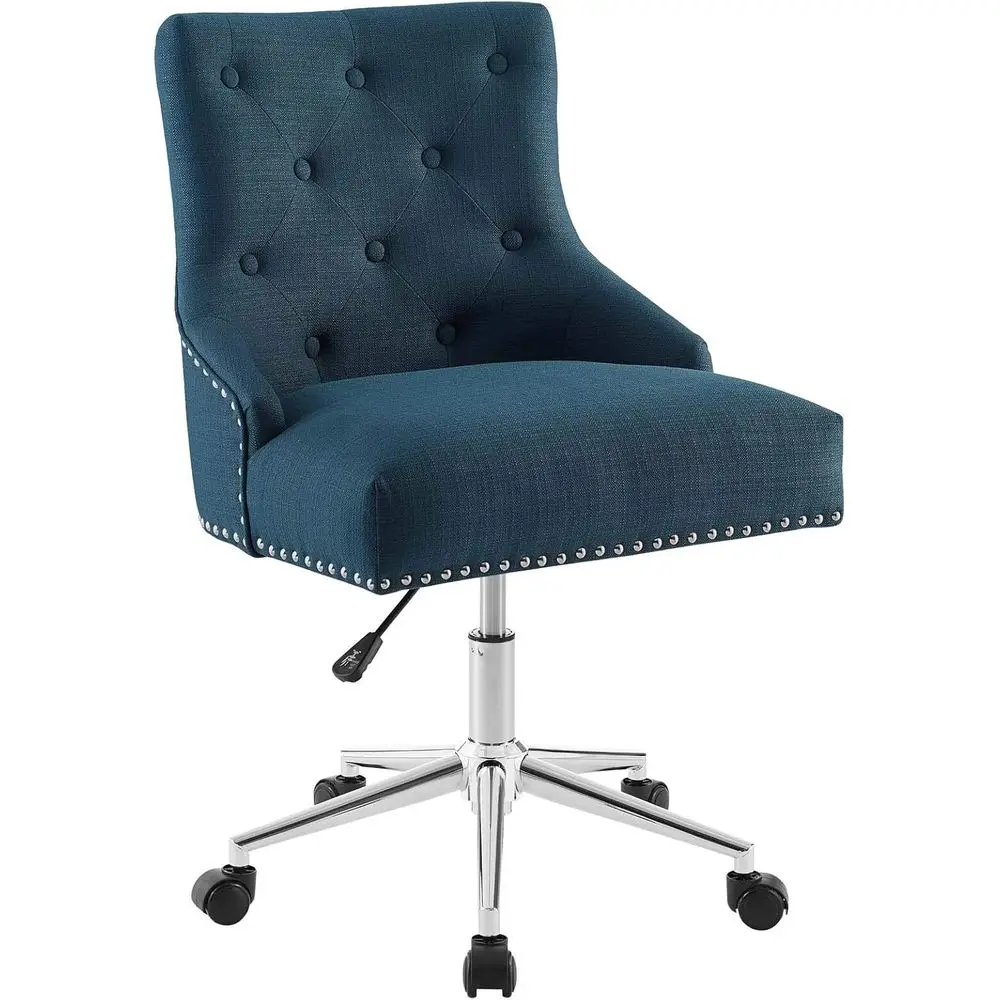 

Azure Blue Fabric Swivel Office Chair with Upholstered Button Tufted Seat and Nailhead Trim