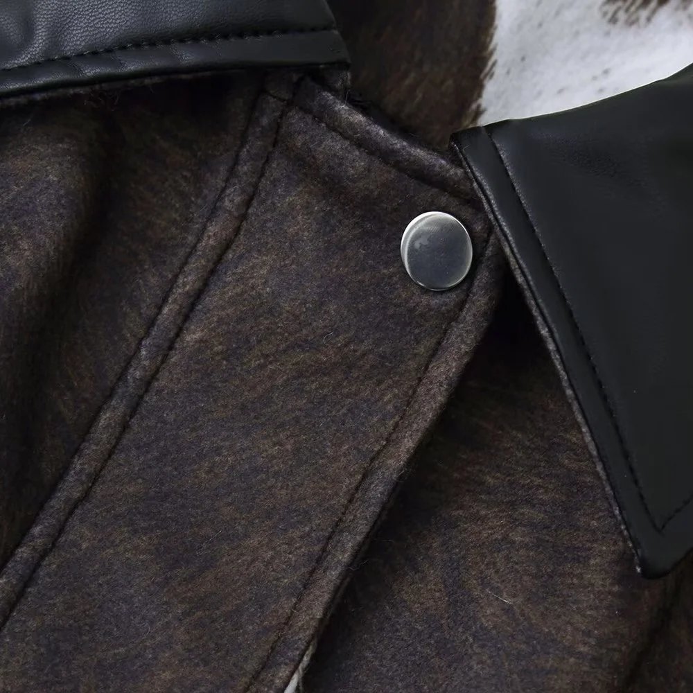 Modna kurtka damska ze skóry ekologicznej z nadrukiem krowiego wzoru, nowa kolekcja jesienna, JNLEAOG, z włókna poliestrowego, z długim rękawem, zapinana na zamek.