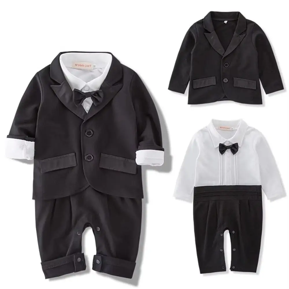 

2Pcs/Set Black Tuxedo Gentleman Boss Baby Clothes Two-Piece Outfit Bow Tie Kids Boy Suit Set Striped Vest Outerwear Set