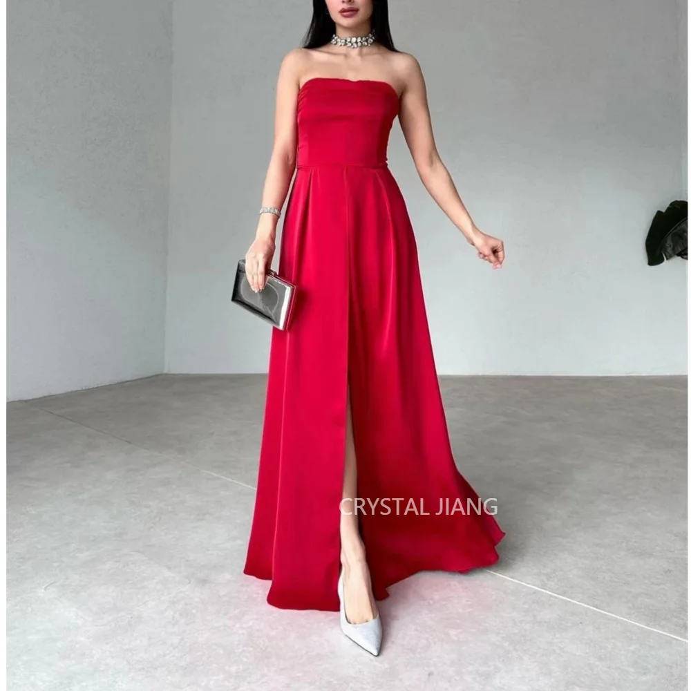 

Simple Long Strapless Satin Evening Dresses Sleeveless with Slit A Line Floor Length Vestidos De Noche Elegantes 2024