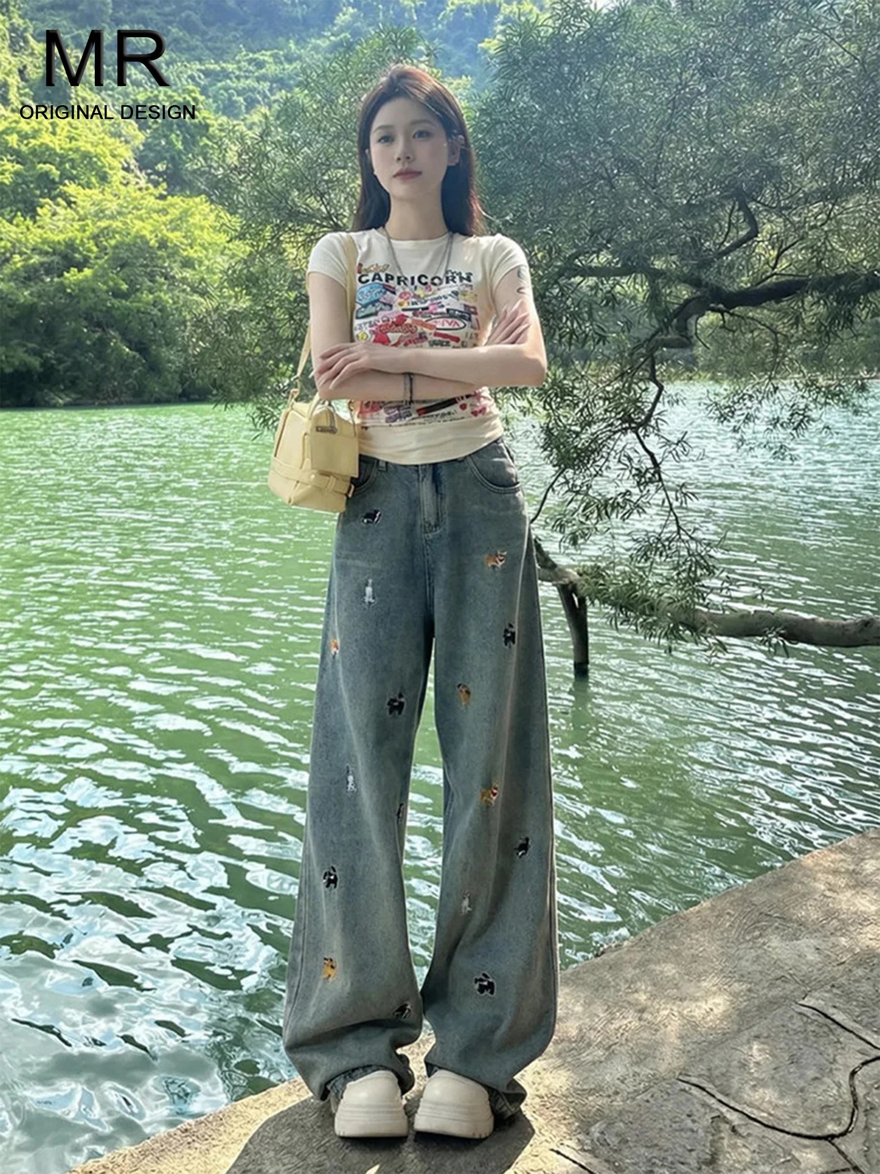 

Retro Blue Embroidered Dog Wide Leg Jeans Women's Loose Slimming Drapey Pants Summer Hot Trend Casual High Waist Cotton Denim