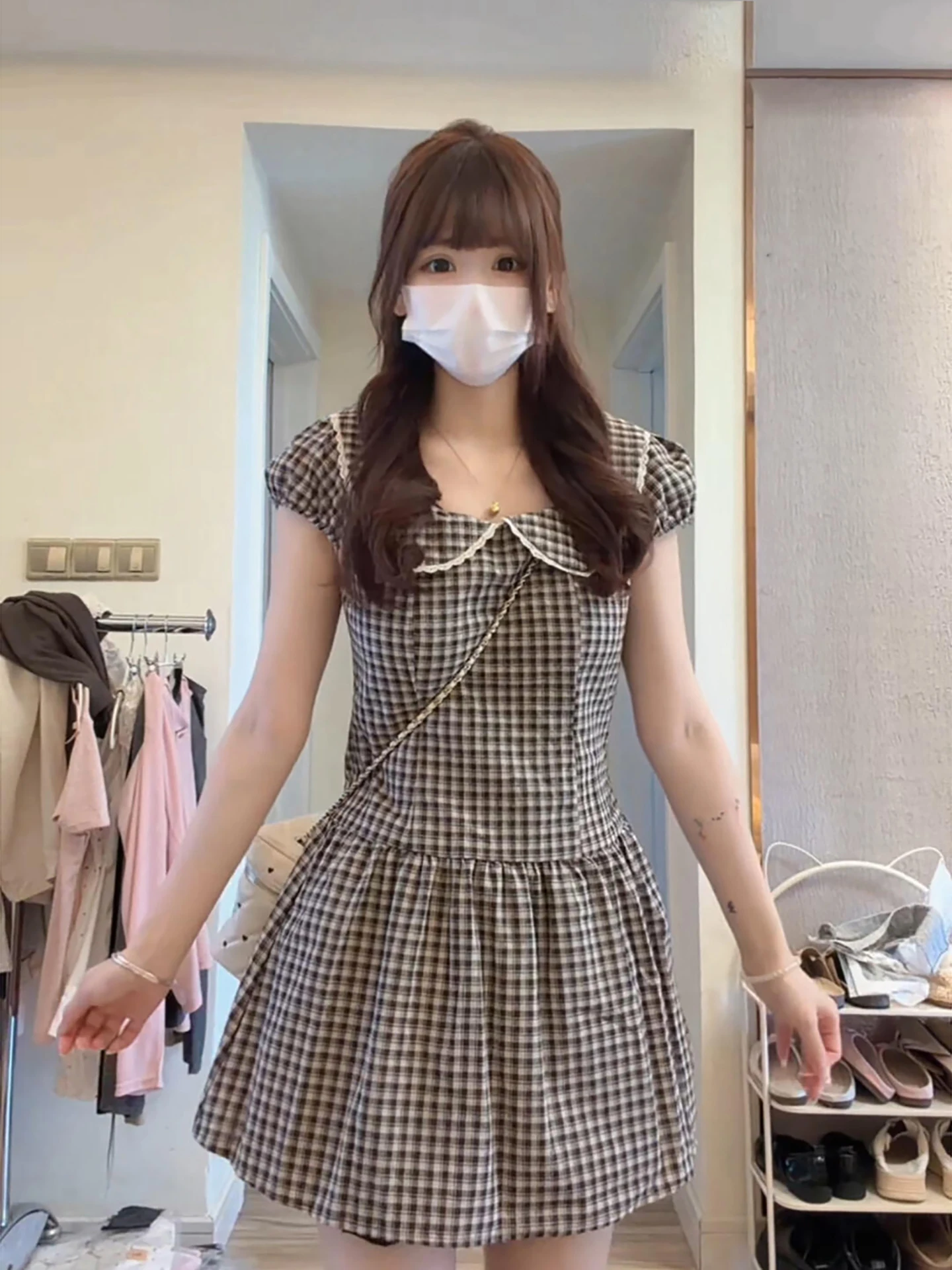 2026 New Style Elegant V-Neck Lace Dress Women Summer Trend Plaid Short Skirt French Style High Waist A-Line Dress Midi Dress