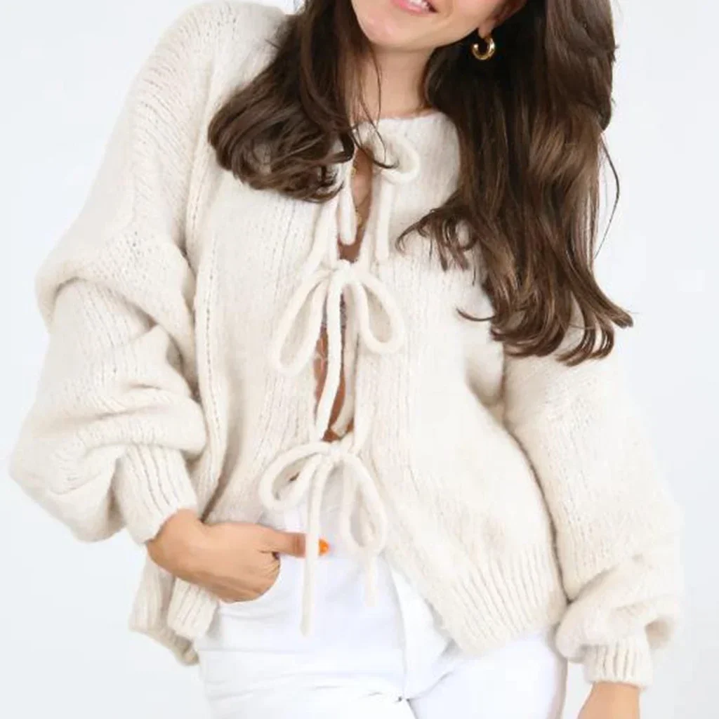 Women's Y2K Cute Kawaii Knitted Loose Cardigan Front Bow Tie-up Long Sleeve Solid Color Aesthetic Fall Jacket Sweater