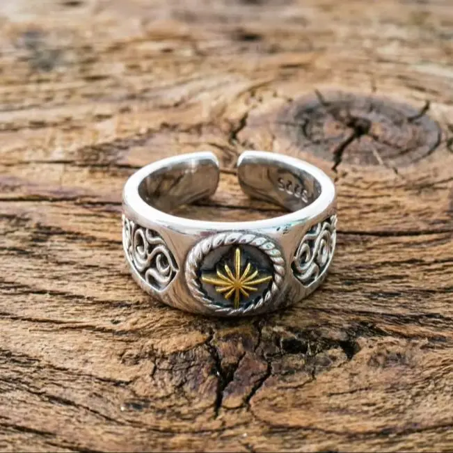 

S925 sterling silver retro patterned sun ring for men and women's hip-hop minimalist trendy Instagram style adjustable silver je