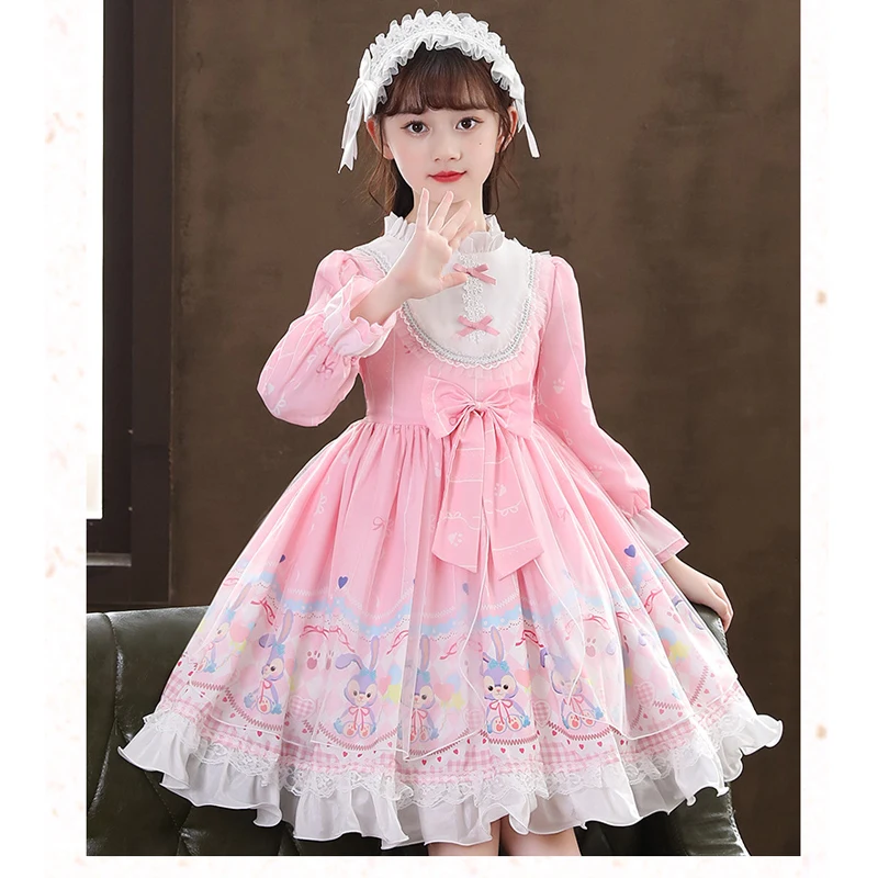 Lolita Style Girls Dress Net Yarn Splicing Cartoon Rabbit Print Bow Decorate Long Sleeve Party Princess Dress For 4-12Y Kids