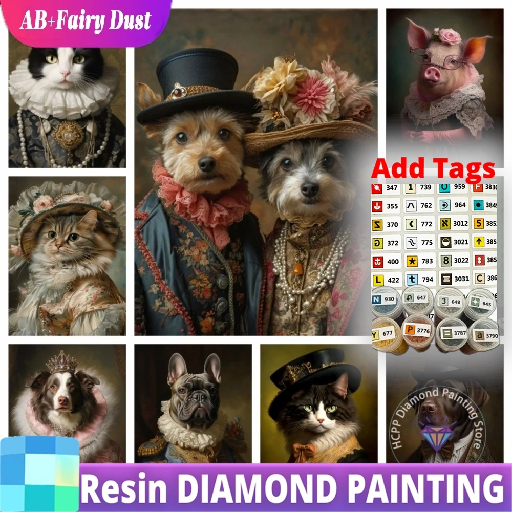 AB Fairy Dust Comes with DMC stickers Victorian Animal Portrait  Dog Cat Pig Fox Rabbit Diamond Painting Kit 5D Cross Stitch Han