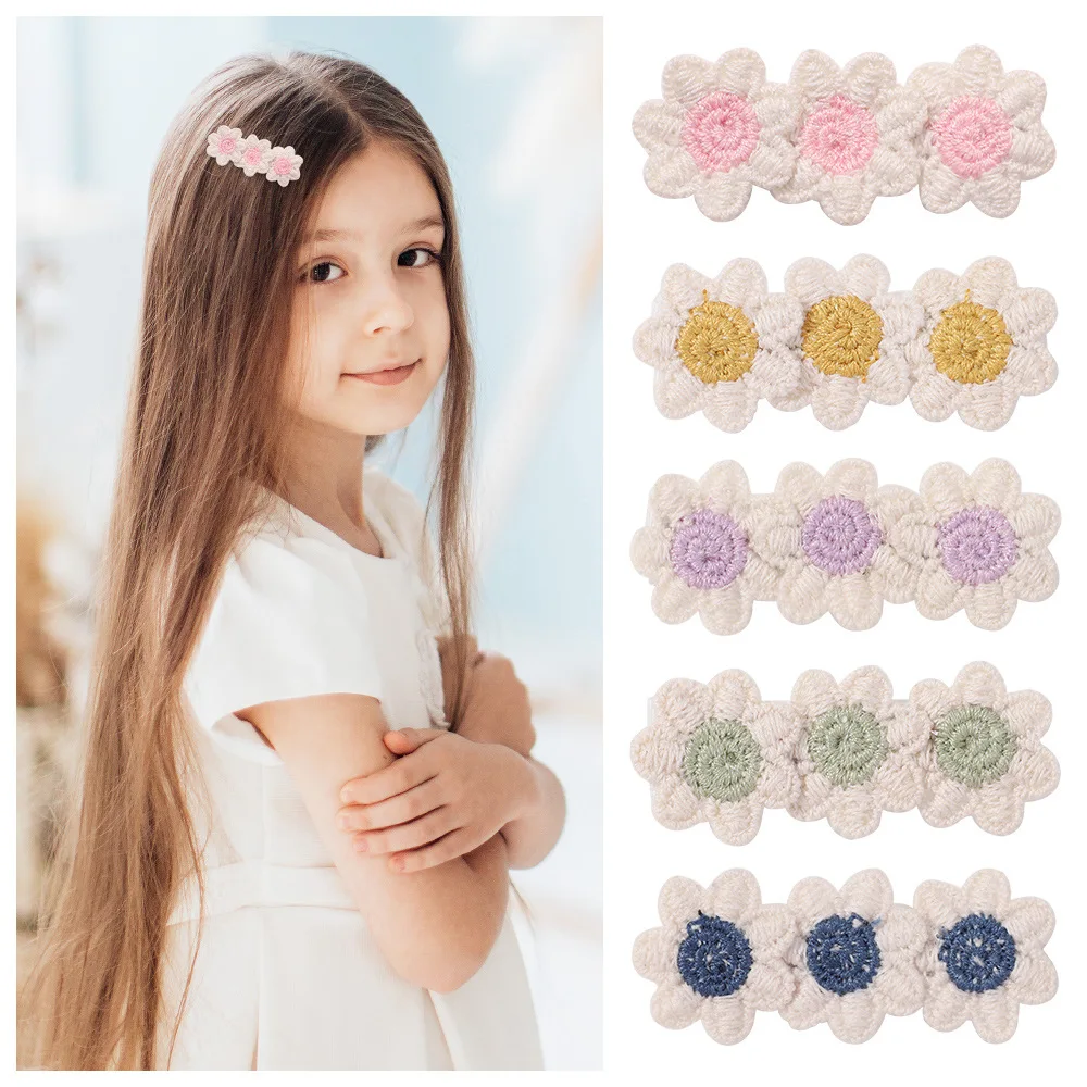 100 PCS/Lot, Vintage Sunflower Hair Clips For Baby Girls Lovely Embroidery Flower Hairpins Kids Hair Accessories