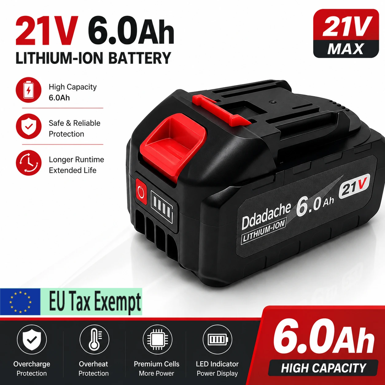 21V 6Ah Ersatzakku für Makita Akkuwerkzeuge, 5S2P Lithium-Ionen-Akku mit LED-Anzeige