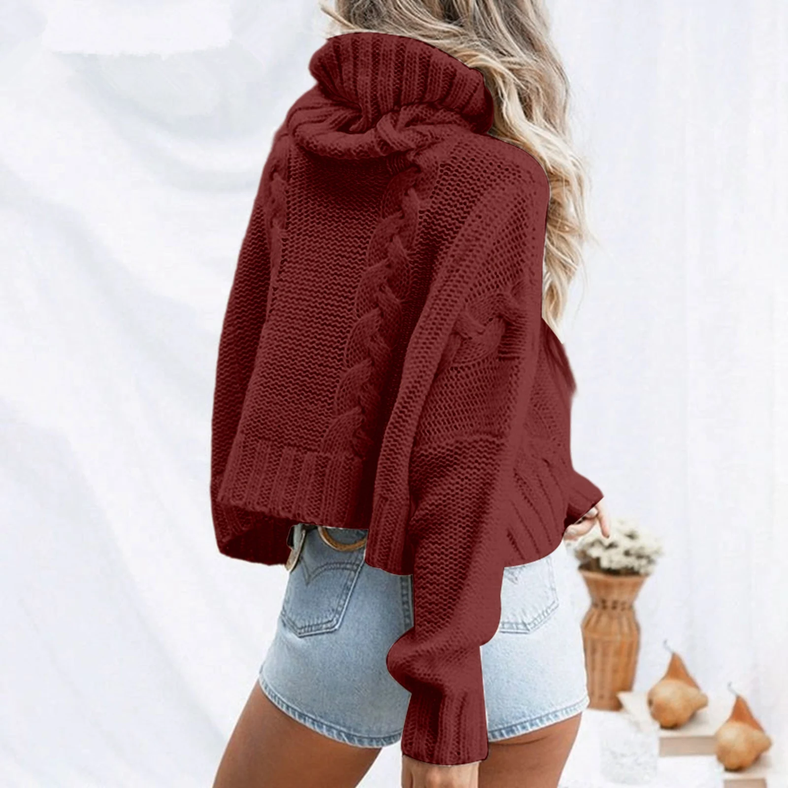 الياقة المدورة كابل متماسكة اقتصاص سترة طويلة الأكمام البلوز بلون عارضة متماسكة أعلى العصرية الخريف الشتاء المحاصيل البلوز #3