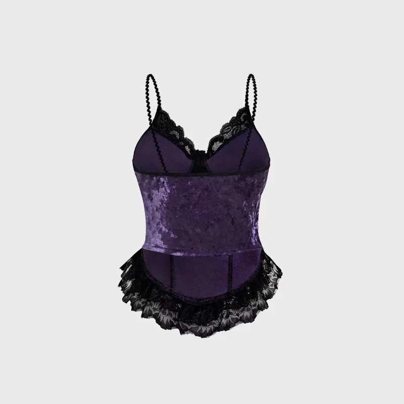 2026 New Vintage Gothic Lace Corset Sexy Purple Velvet Tops Women Sleeveless Ruffle Camisole Clubwear Aesthetic Y2K Grunge Camis