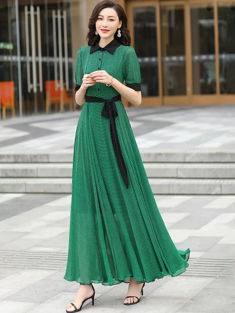 New Women Summer Green Plaid Chiffon Dress Fashion Contrast Color Turn-down Collar Short Sleeve Shirt Dress Elegant Long Dress