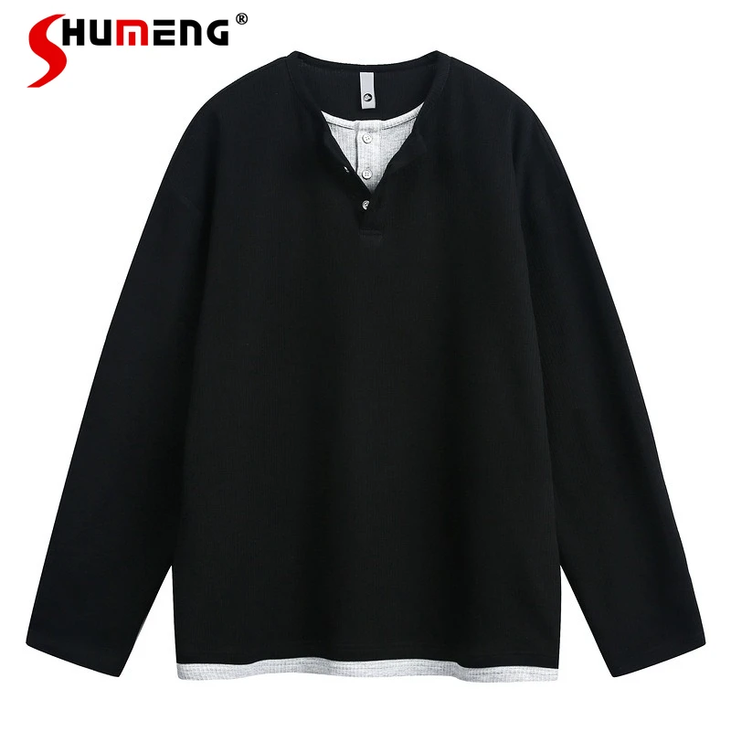 

2026 Men's Spring New Simple Faux Two-piece Long-sleeve Tees Men Women Loose Comfort Pullover Tops Chic Color Matching T-shirts