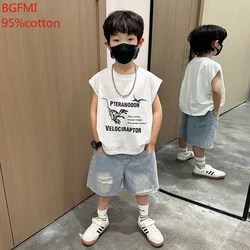 Summer Kids Boys Thin Vest Sleeveless Cartoon Dinosaur T-shirt + Denim Shorts 2pce Suit Outdoor Clothes for Children Short Jeans