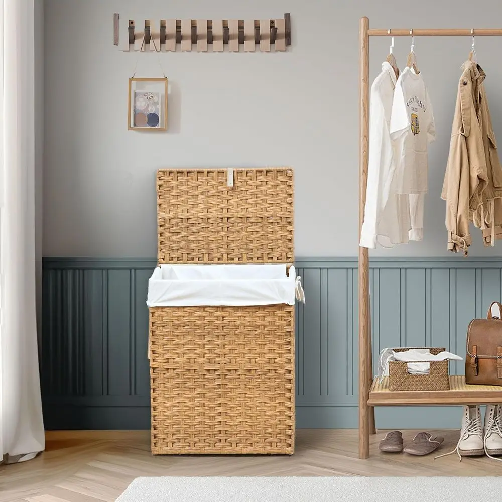 Collapsible Laundry Basket with Lid 90L Hamper or Bedroom PP Rattan Woven Laundry Basket Waterproo with Removable Bag&Handles, o