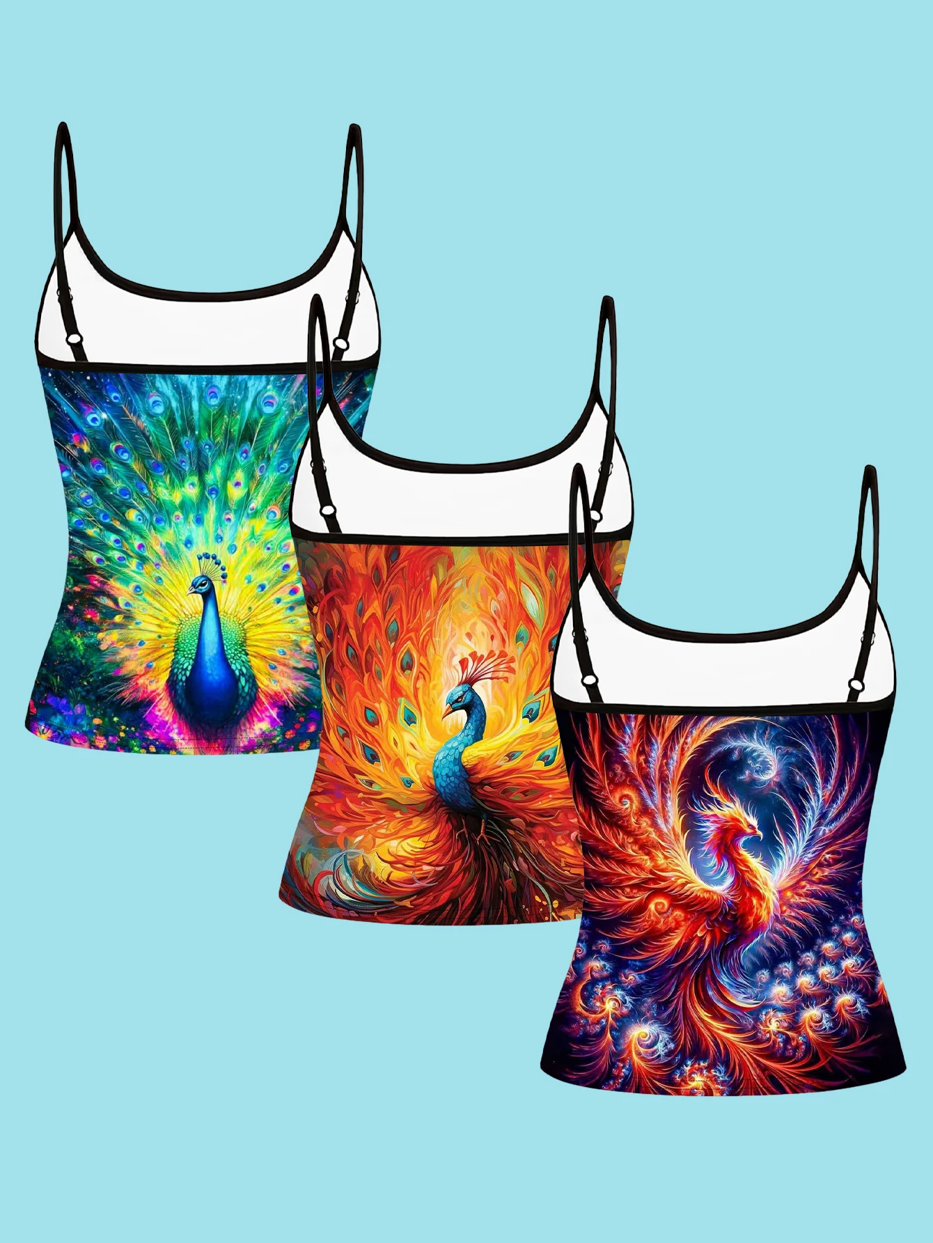 3-Piece Set of Gorgeous Peacock and Phoenix Print Camisoles, Slim-Fitting and Flattering, Suitable for Layering or Wearing Alone
