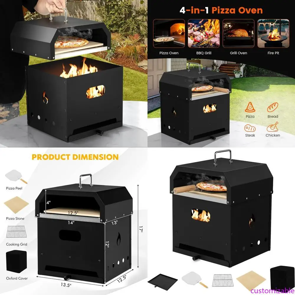 Outdoor 4-in-1 Wood Fired Pizza Oven and Grill with 12 Pizza Stone, Pizza Peel, Waterproof Cover, and Grilling Accessories
