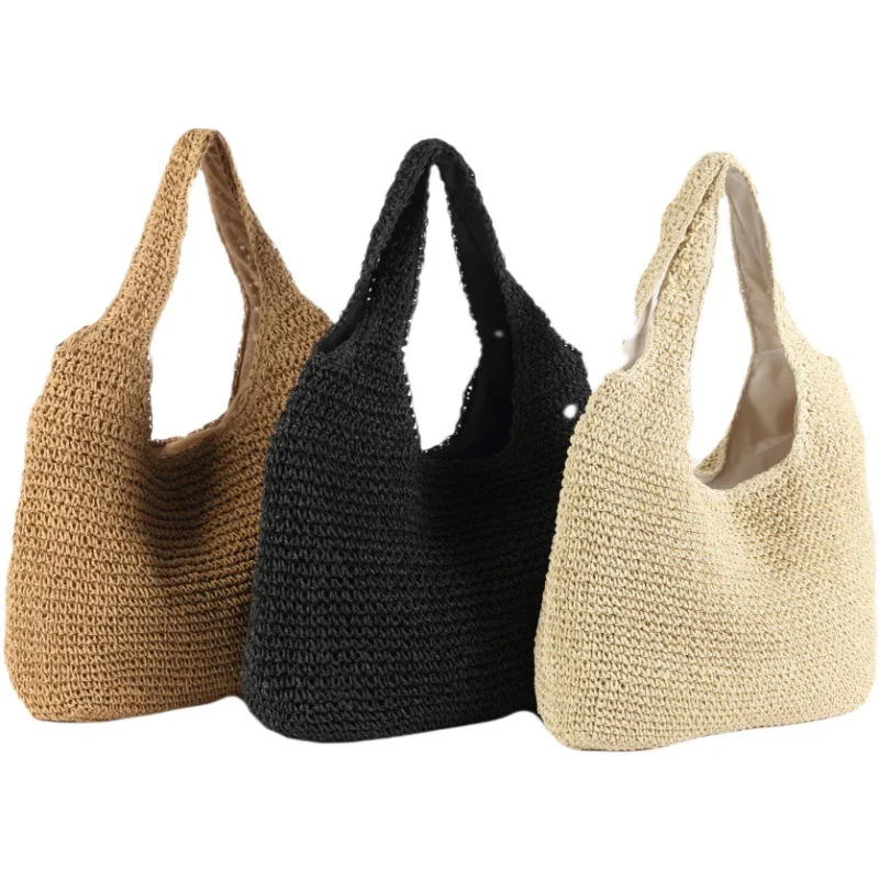 Bolso de playa tejido de paja para mujer, bolsa de hombro de lujo, a la moda, sencillo, grande, para cosméticos, 2023