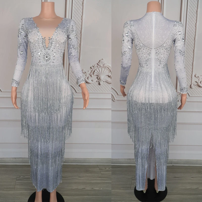 

Мигающие стразы с бахромой, праздничное платье, женский наряд для вечеринки, бар, ночной клуб, DS, Dj Gogo, костюм для сцены, одежда для подиума XS9289